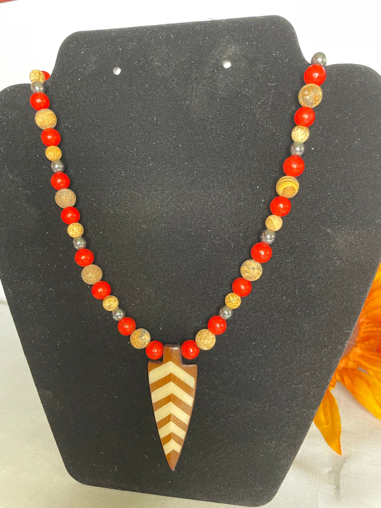 Red Bamboo, Jasper & Hematite Stones, w/ Batik Bone Spear, Healing Jewelry