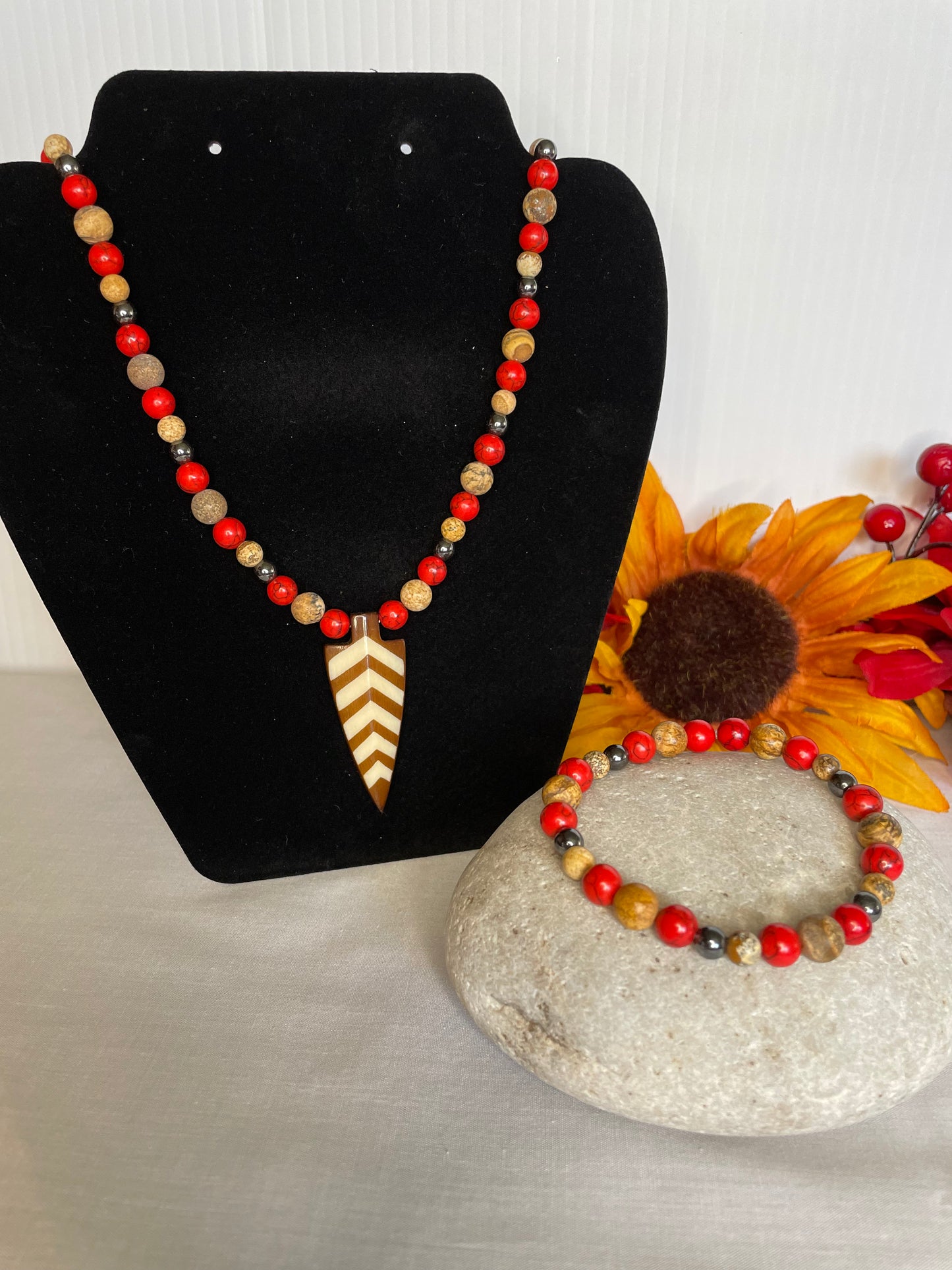 Red Bamboo, Jasper & Hematite Stones, w/ Batik Bone Spear, Healing Jewelry