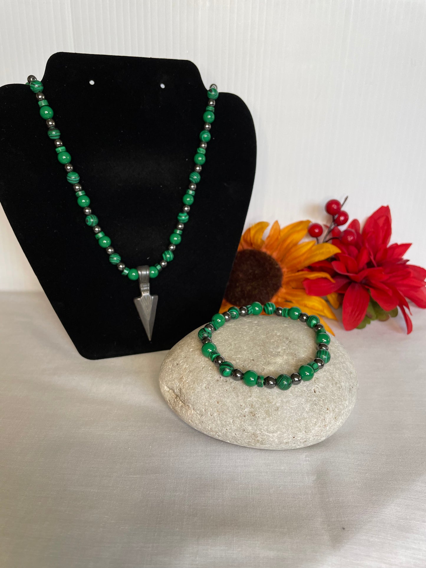 Green Malachite w/ Hematite Stones, w/ Warrior Spear. Healing Jewelry.