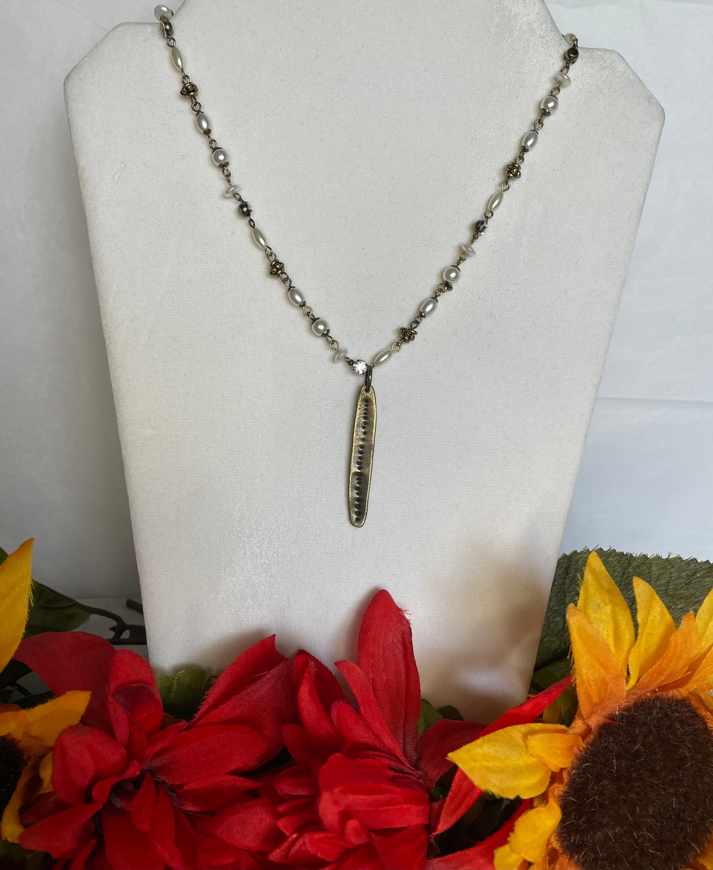 Leaf w/Clear Stones & White Beads, Antique Metal Necklace.