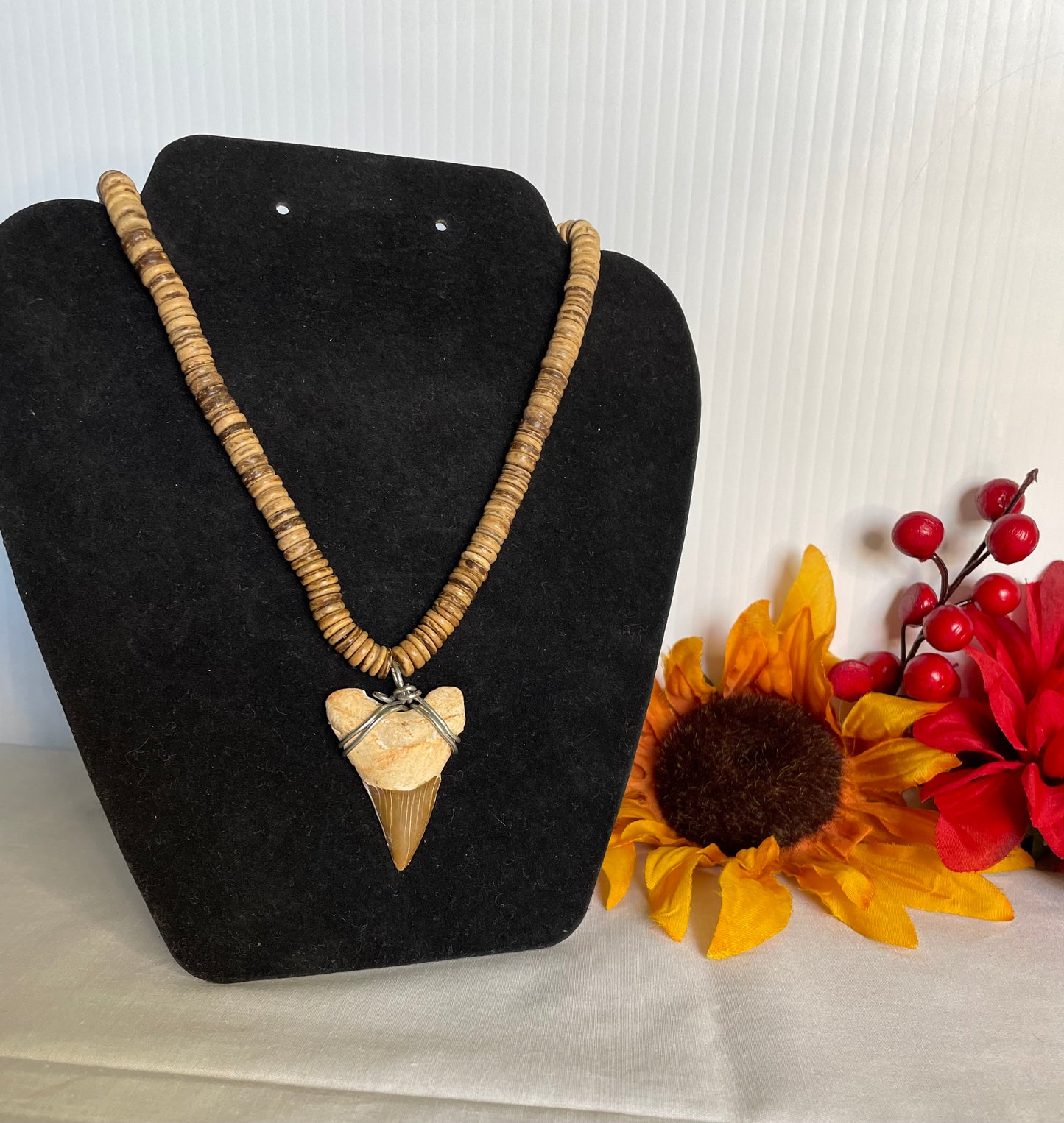 Natural Wood Beaded w/Shark Tooth Pendant, Healing Necklace.