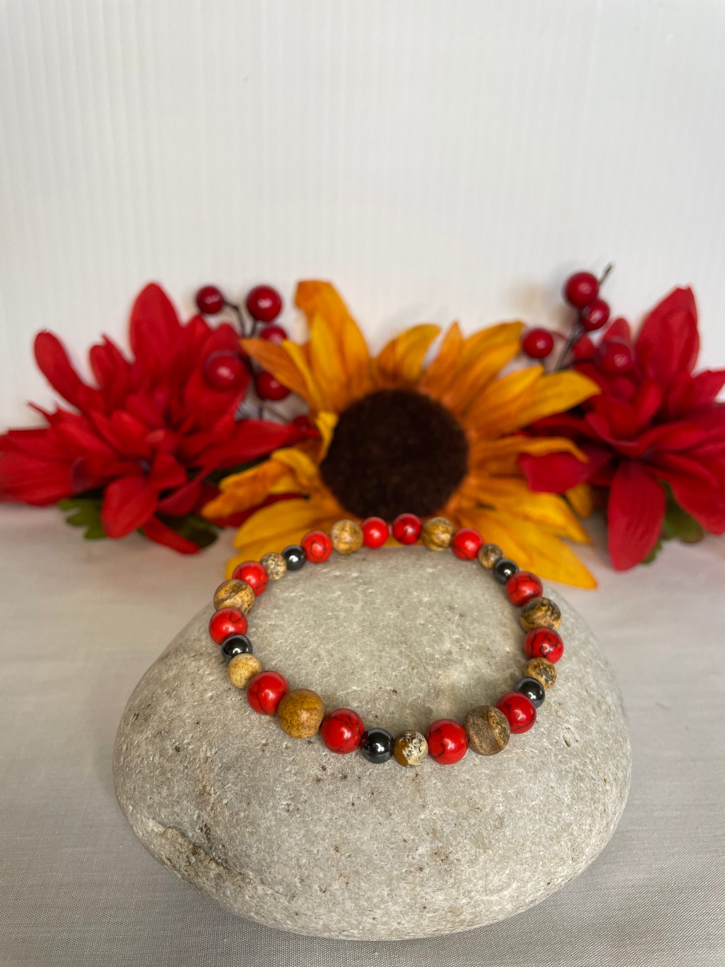 Red Bamboo, Jasper & Hematite Stones, w/ Batik Bone Spear, Healing Jewelry