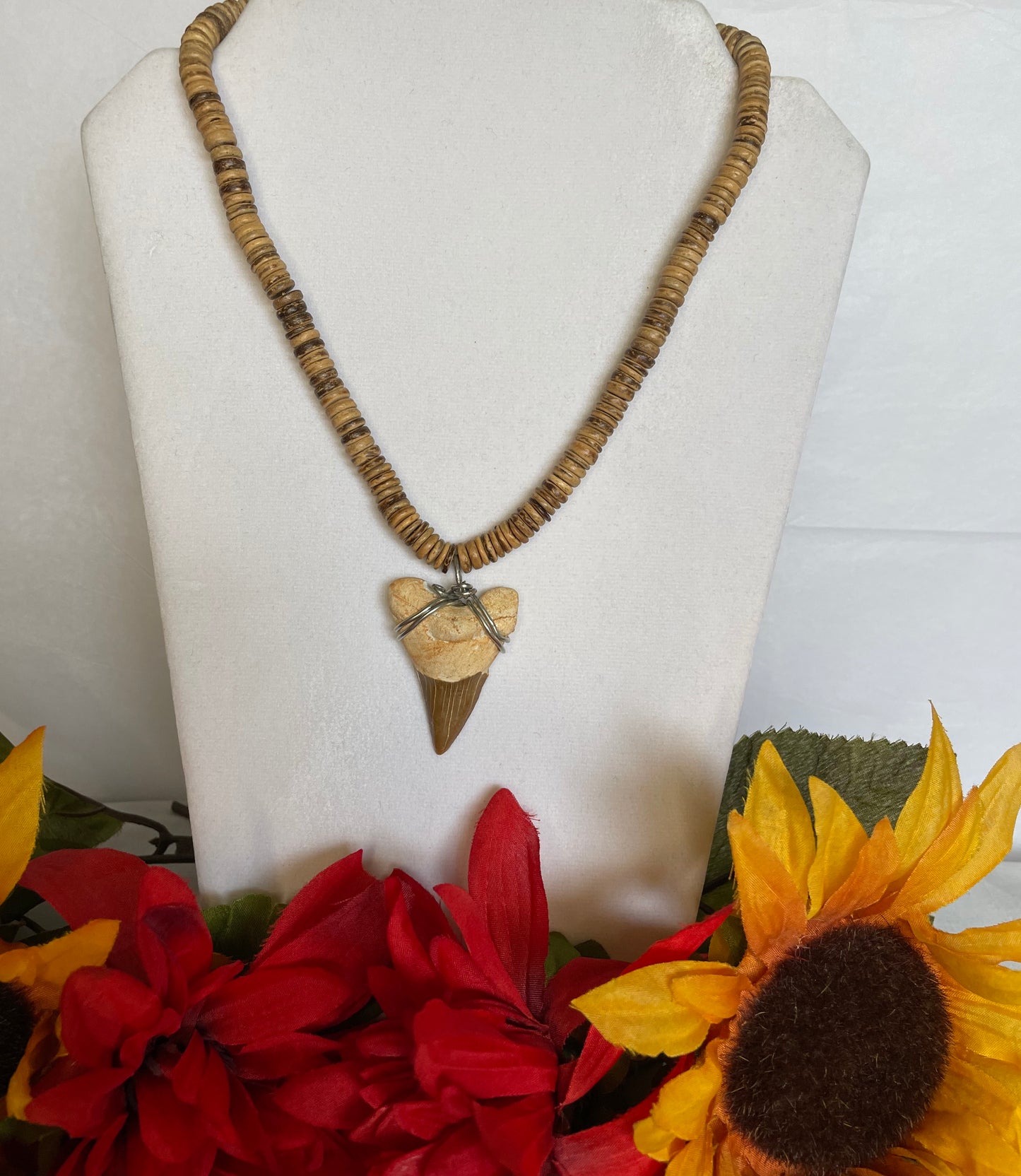 Natural Wood Beaded w/Shark Tooth Pendant, Healing Necklace.