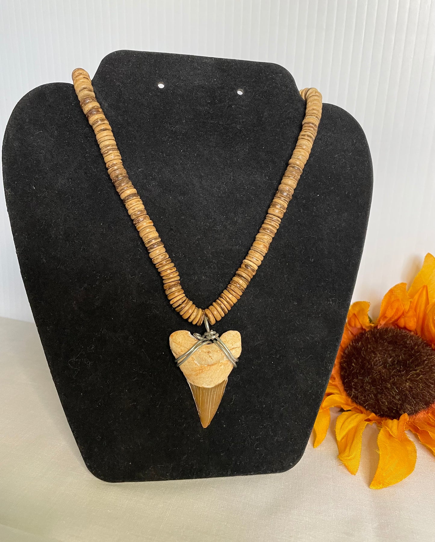 Natural Wood Beaded w/Shark Tooth Pendant, Healing Necklace.